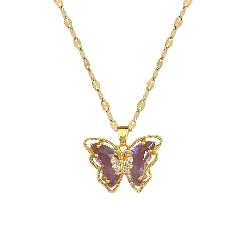 Gold Plated Charming Purple Rhinestone Butterfly Pendant Neckalce For Women