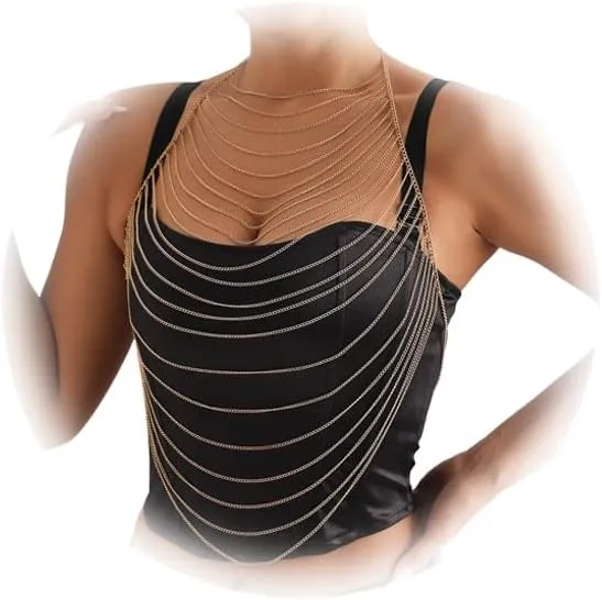 Gold Punk Bra Chain,Bikini Metal Tassel Chest Body Chain Summer Top Body Chain Jewelry Festival Rave Outfit Multi Layered Bra Body Chain Jewelry for Women