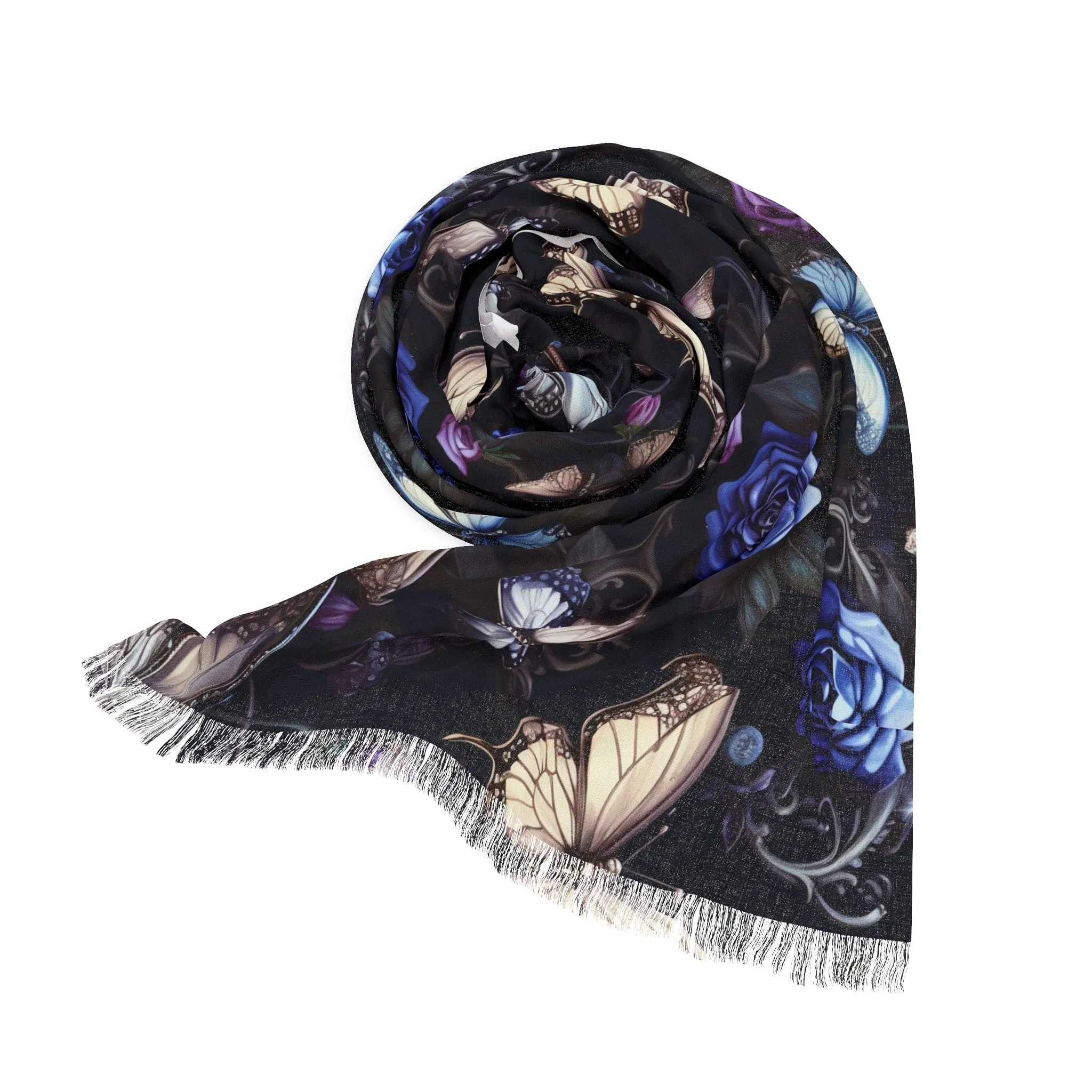 Gothic Butterfly With Blue Flowers Light Scarf