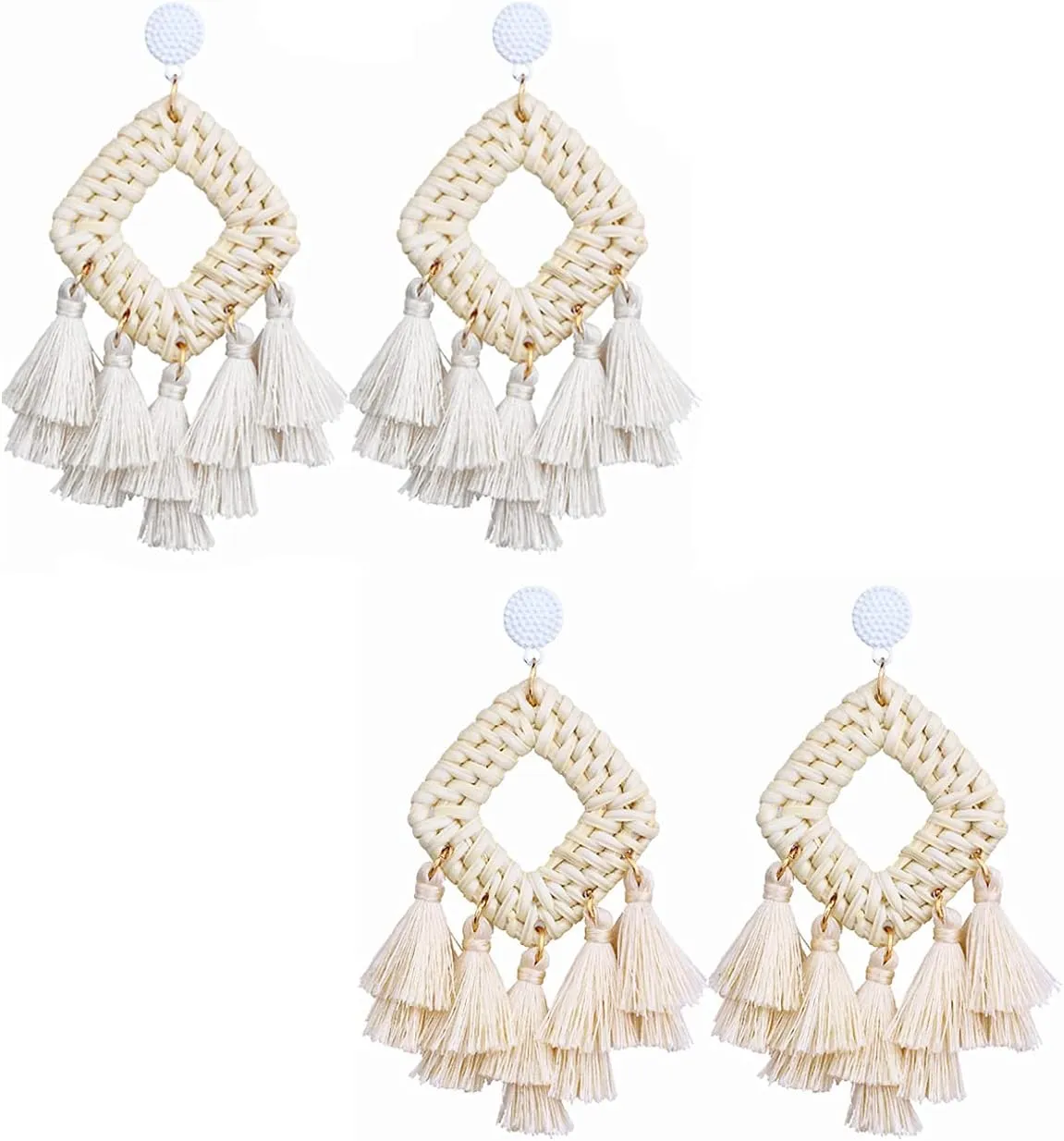 Handmade Long Tassel Earrings Rattan Knit Fringe Geometric Square Round Statement Dangle Drop Earrings Women Beach Boho Jewelry