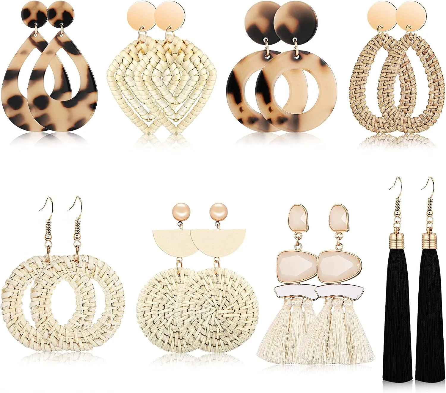 Hicarer 8 Pairs Rattan Earrings for Women Girls Lightweight Summer Acrylic Geometric Statement Woven Earrings Handmade Straw Wicker Braid Teardrop Hoop Drop Dangle Earring