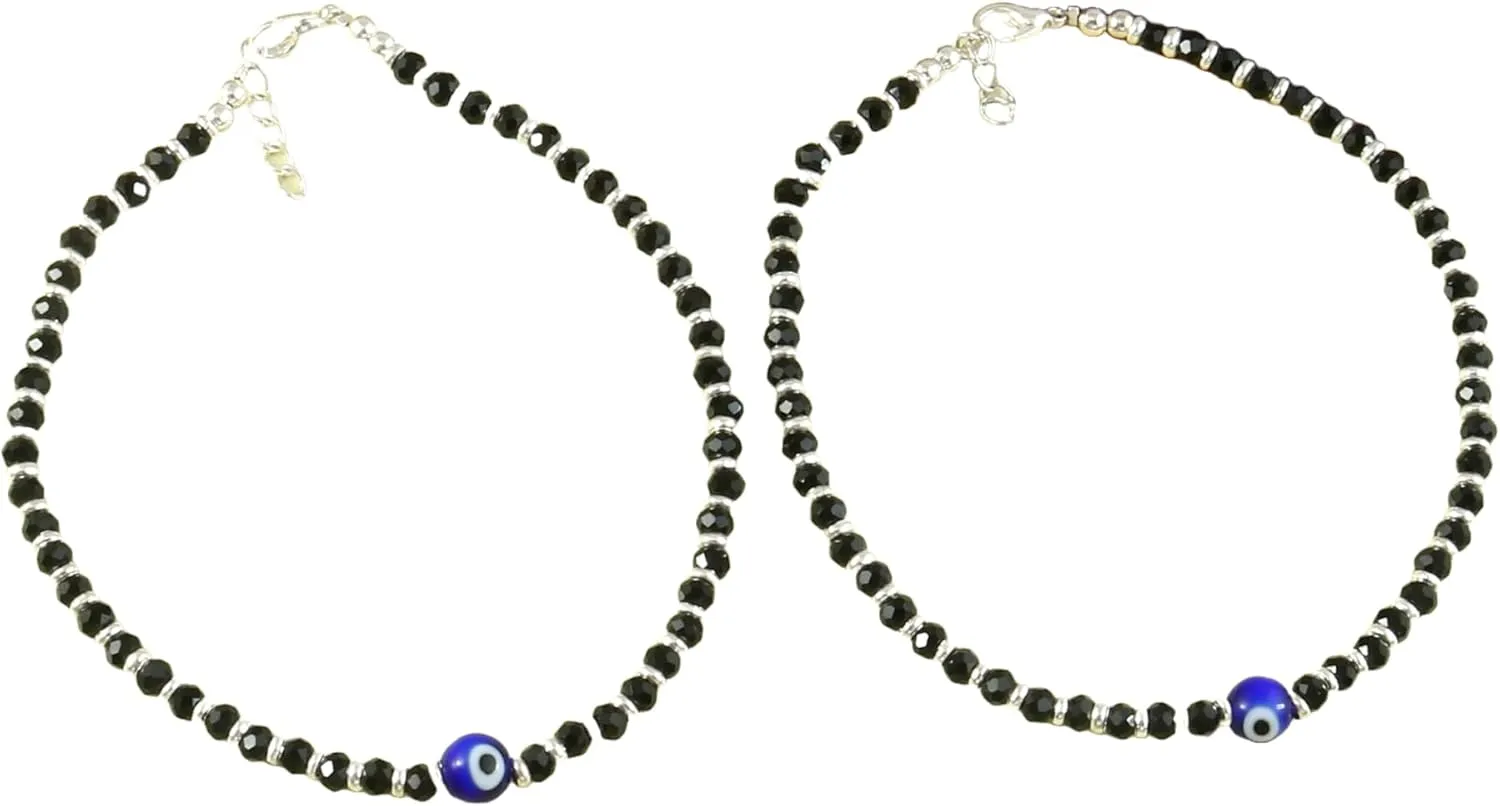 Jewar Mandi Anklet Evil Eye Nazariya Silver Plated Black Beads/crystal Adjustable Flexible Payal for Women