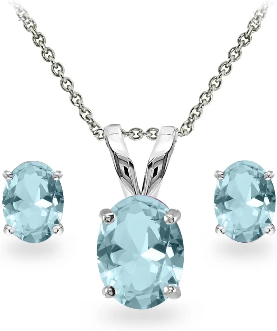 Jewelry Sets for Women, Necklace and Earring Sets for Women, Birthstone Jewelry, Genuine or Synthetic Gemstones, Oval Solitaire, Pendant Necklace, Stud Earrings, Sterling Silver Jewelry or Gold Flash