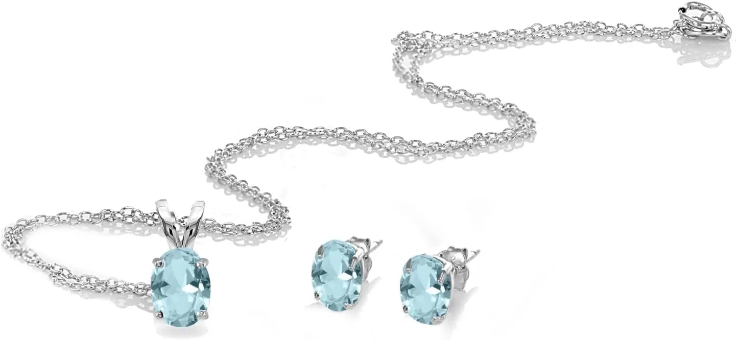 Jewelry Sets for Women, Necklace and Earring Sets for Women, Birthstone Jewelry, Genuine or Synthetic Gemstones, Oval Solitaire, Pendant Necklace, Stud Earrings, Sterling Silver Jewelry or Gold Flash