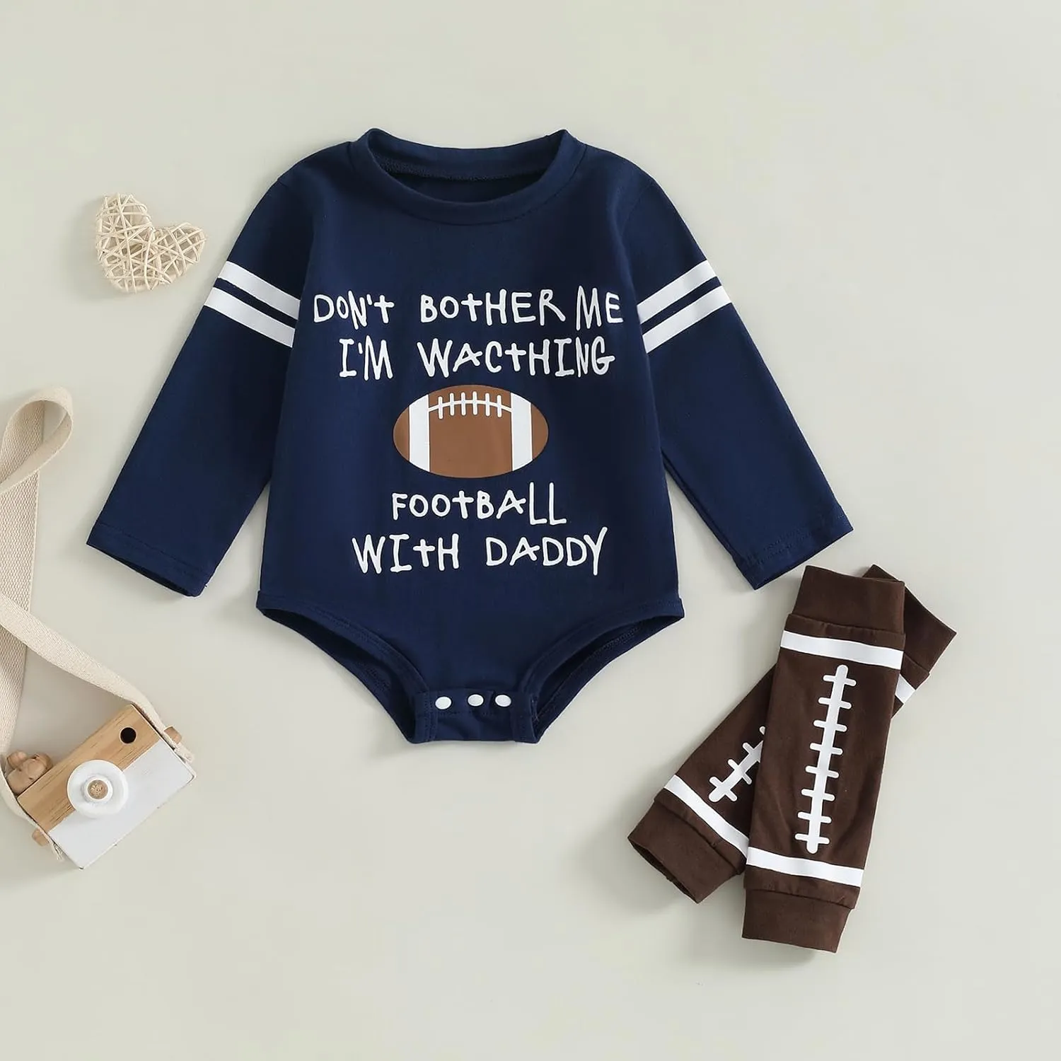 Kuriozud Watch Football with Daddy Outfits Baby Boy Football Jersey Onesie Football Romper Leg Warmer Set Fall Winter Clothes