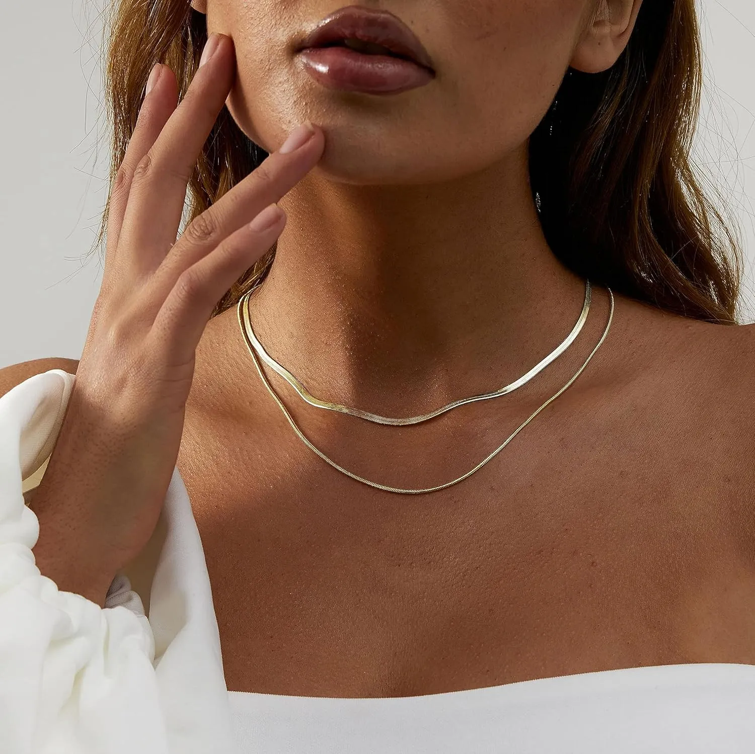 Kyerlyn Layered Necklace for Women, 14k Gold Plated Layering Herringbone Necklace Double Layer Snake Chain Necklace Set Gold Chunky Thick Chain Choker Necklace Gifts for Women