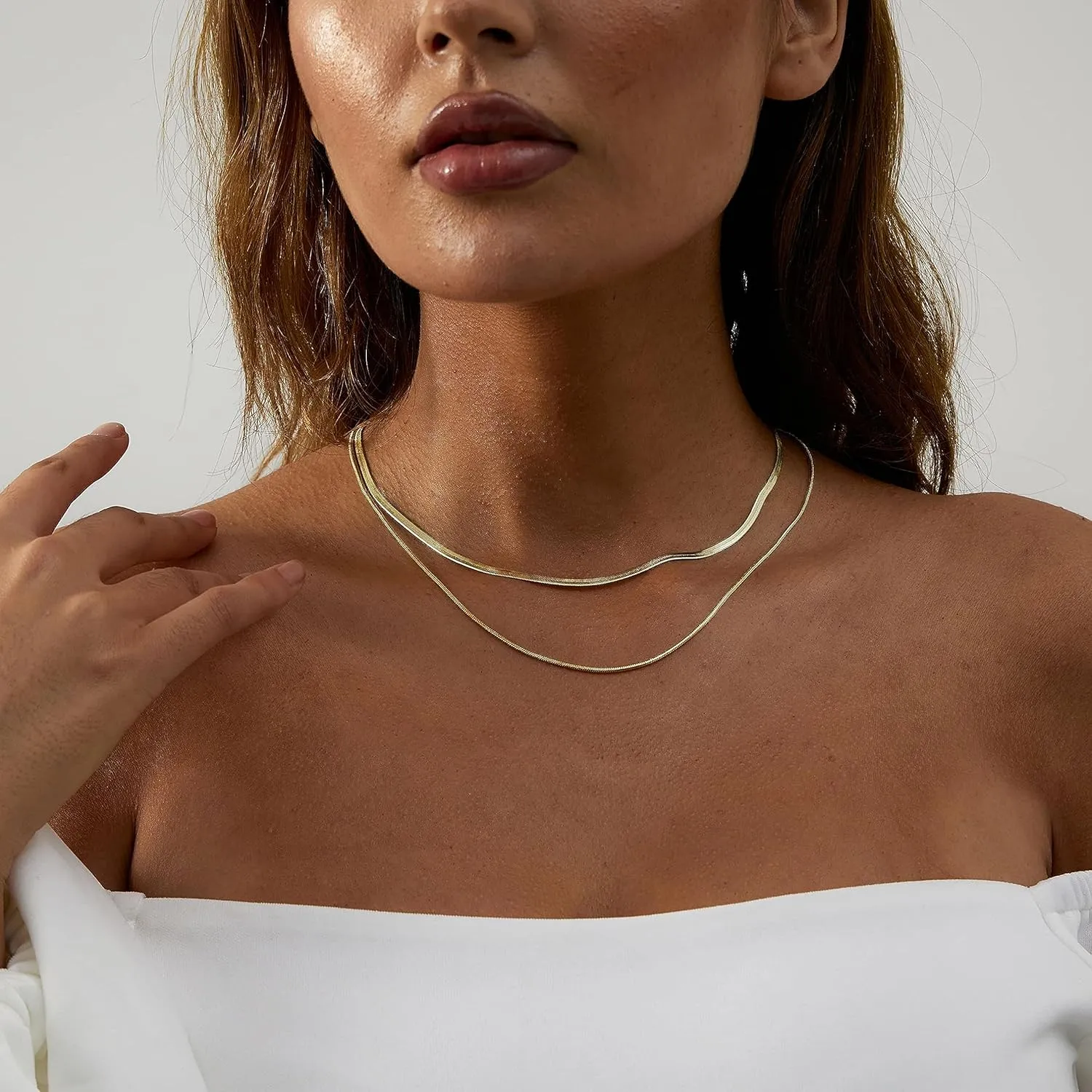 Kyerlyn Layered Necklace for Women, 14k Gold Plated Layering Herringbone Necklace Double Layer Snake Chain Necklace Set Gold Chunky Thick Chain Choker Necklace Gifts for Women