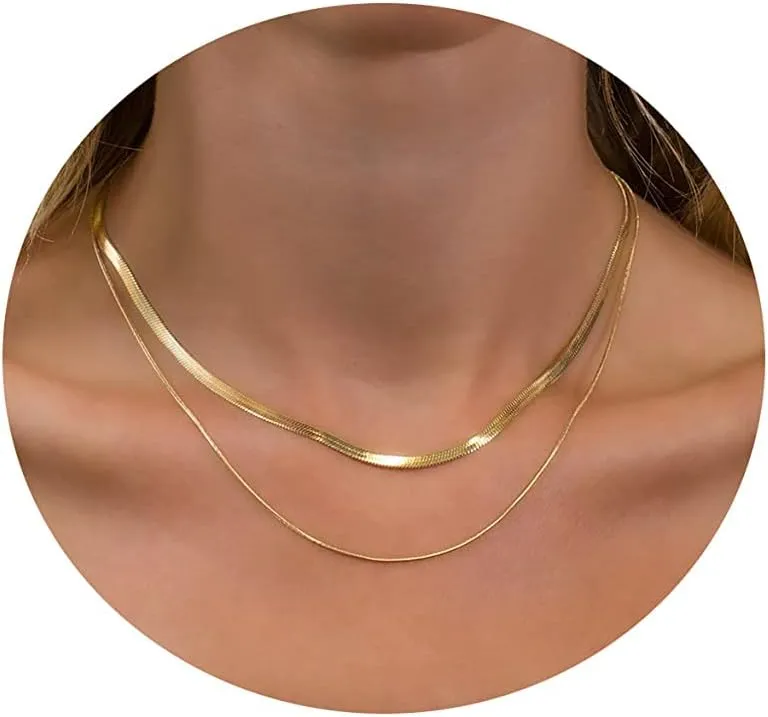 Kyerlyn Layered Necklace for Women, 14k Gold Plated Layering Herringbone Necklace Double Layer Snake Chain Necklace Set Gold Chunky Thick Chain Choker Necklace Gifts for Women