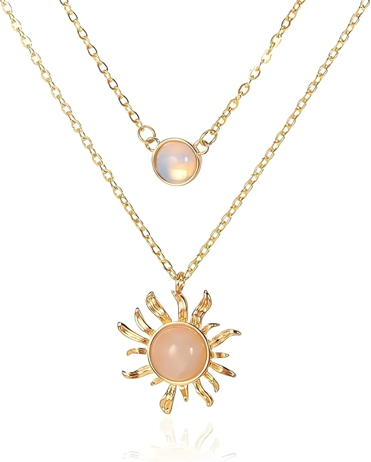 ONLYJUMP Double Chains Moon and Sun Layered Choker Necklace Gemstones Western Jewelry Gift Gold Silver Plated Sunflower Round Geometric Planet Chain Choker Necklace