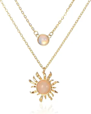 ONLYJUMP Double Chains Moon and Sun Layered Choker Necklace Gemstones Western Jewelry Gift Gold Silver Plated Sunflower Round Geometric Planet Chain Choker Necklace