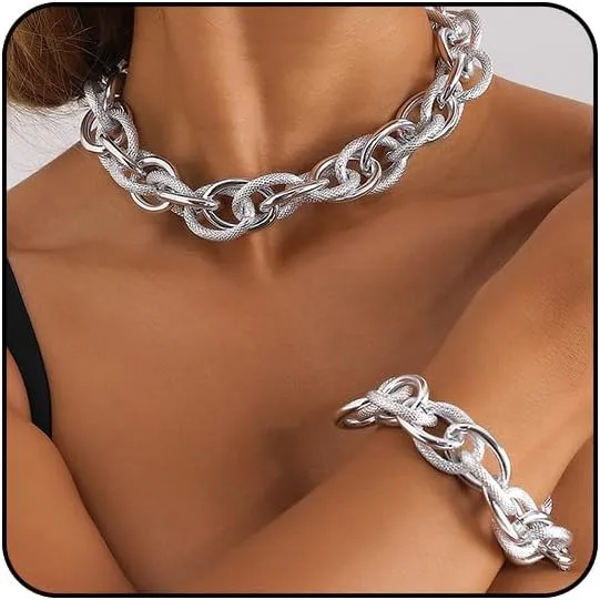 Otxas 14K Gold Chunky Necklace and Bracelets Set Gold Statement Necklace for Women Silver Chunky Necklace Fashion Punk Necklaces Cuban Chain Hip-hop Jewelry for
