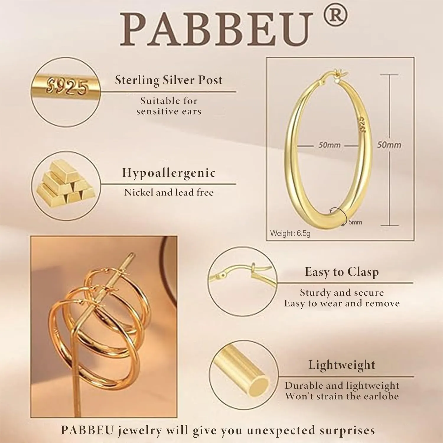 PABBEU S925 Sterling Silver Hoop Earrings Large Silver Hoop Earrings for Women Hypoallergenic Lightweight Big Thick Silver Hoop Earrings for Women Girls 35/40/50/60/70mm