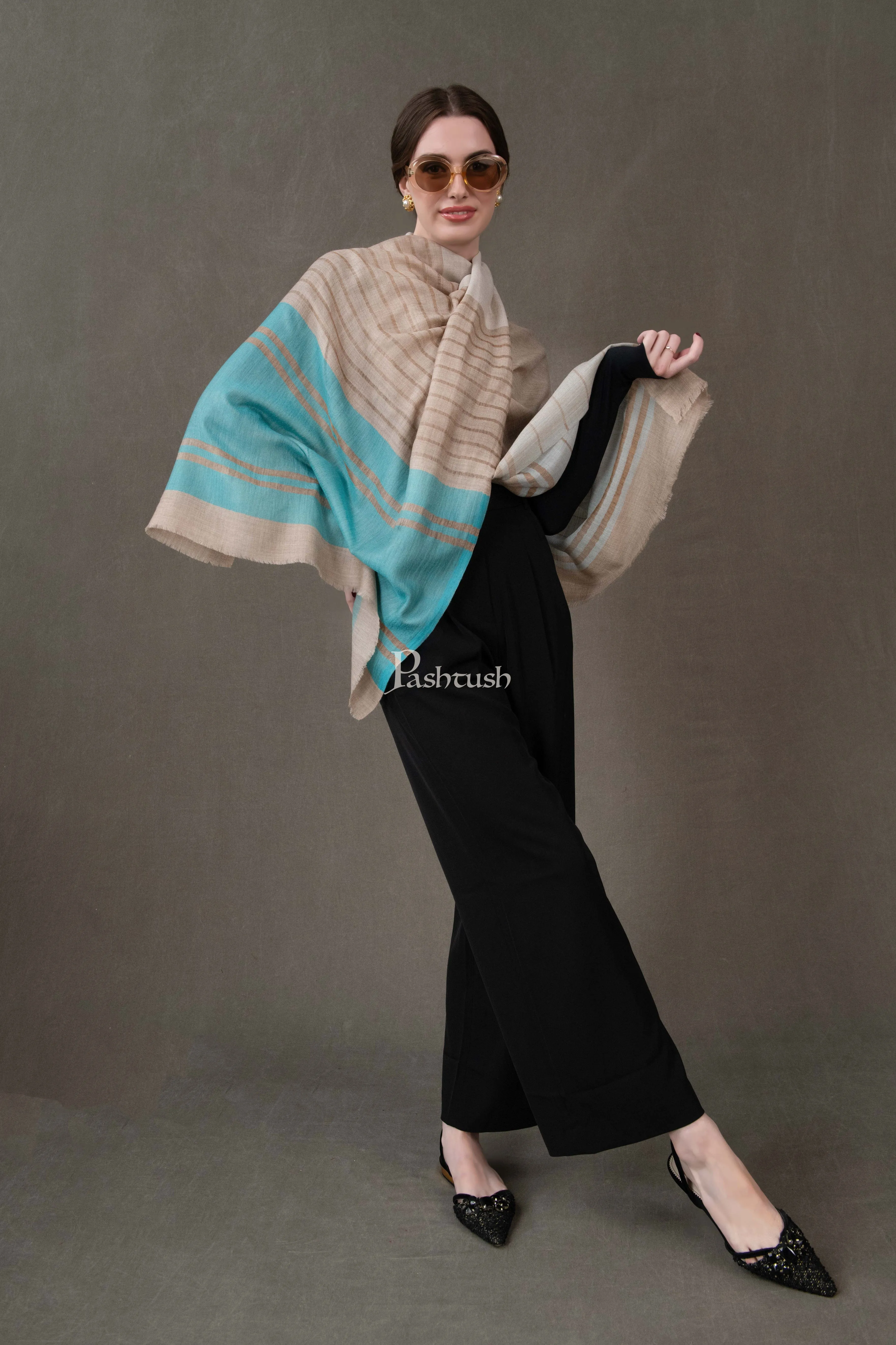 Pashtush Womens Stole, Extra Fine Wool-Silk, Twilight Collection, Beige and Aqua Blue
