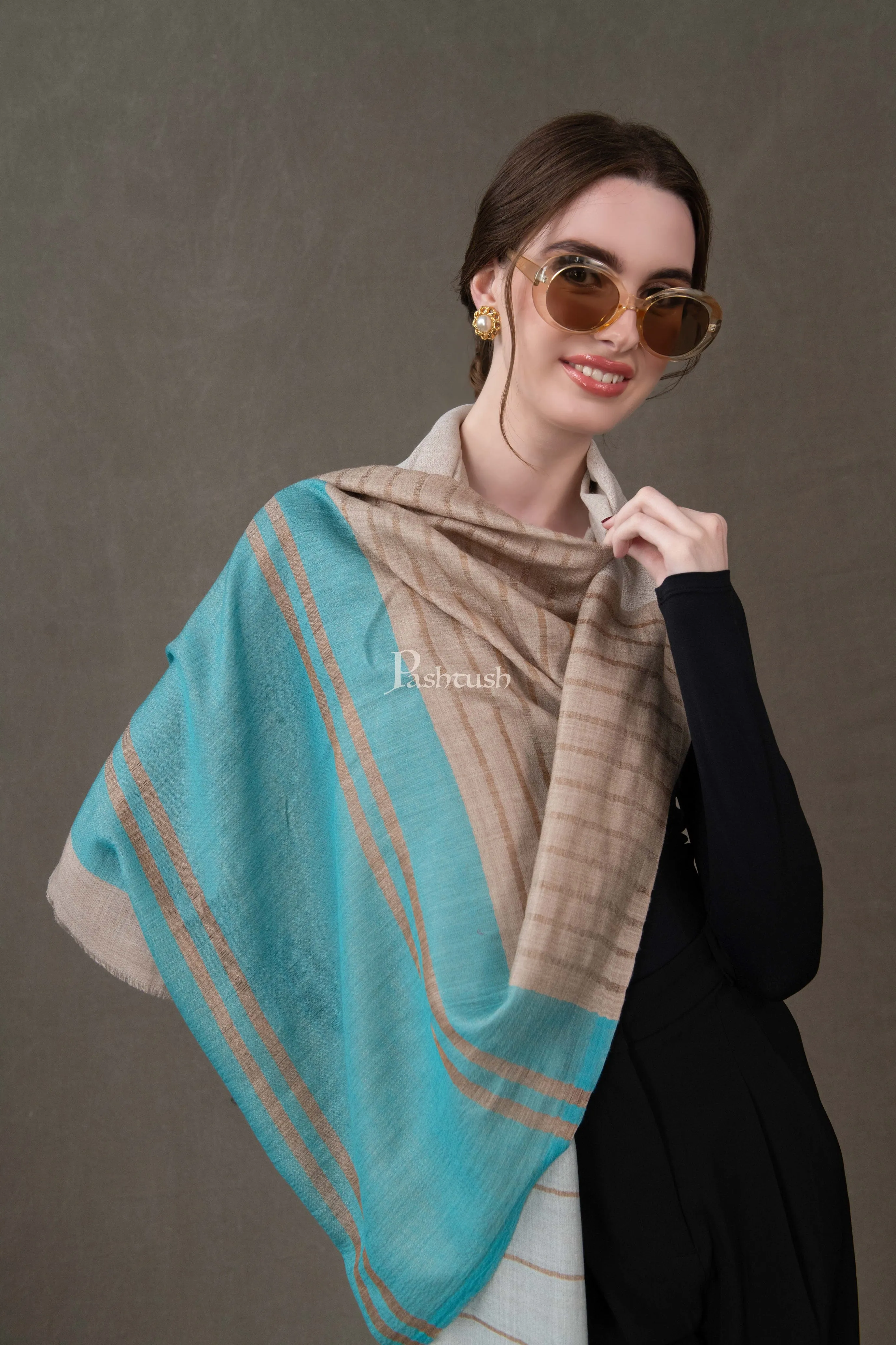 Pashtush Womens Stole, Extra Fine Wool-Silk, Twilight Collection, Beige and Aqua Blue