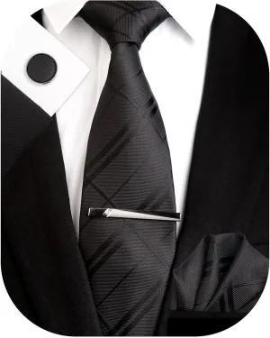 Plaid Men's Tie Silk Necktie and Pocket Square Cufflink Tie Clip Set Checkered