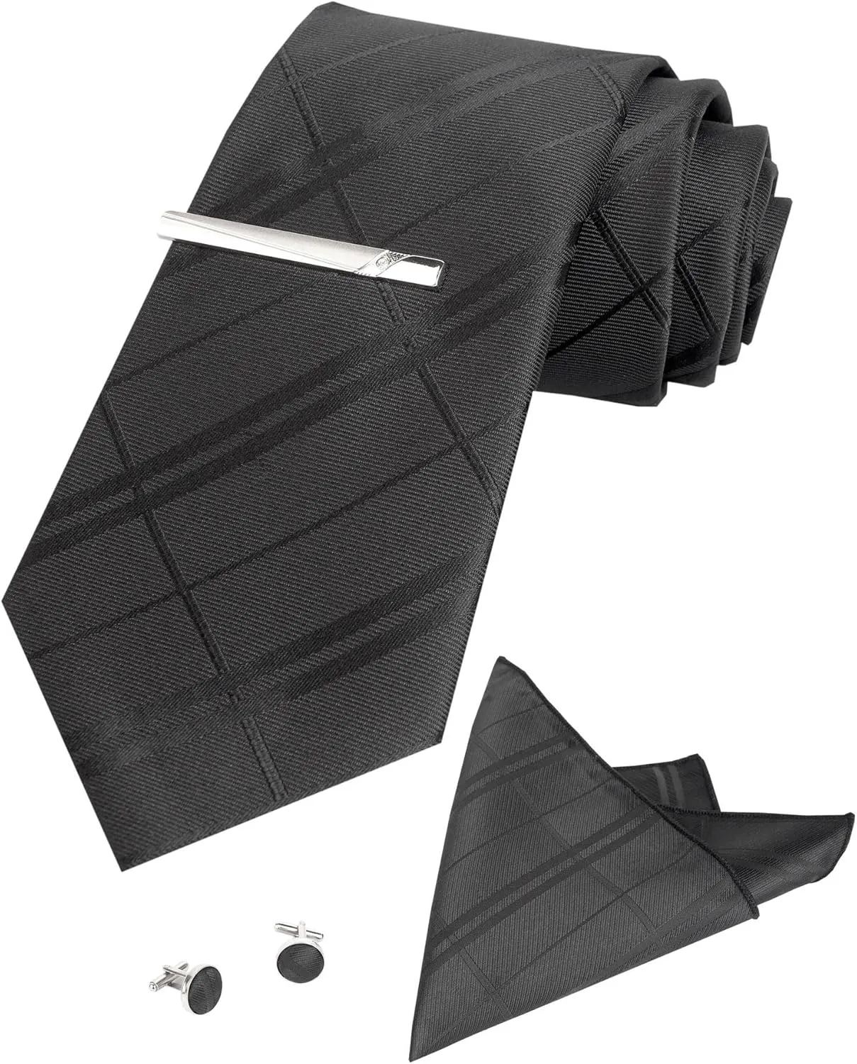 Plaid Men's Tie Silk Necktie and Pocket Square Cufflink Tie Clip Set Checkered