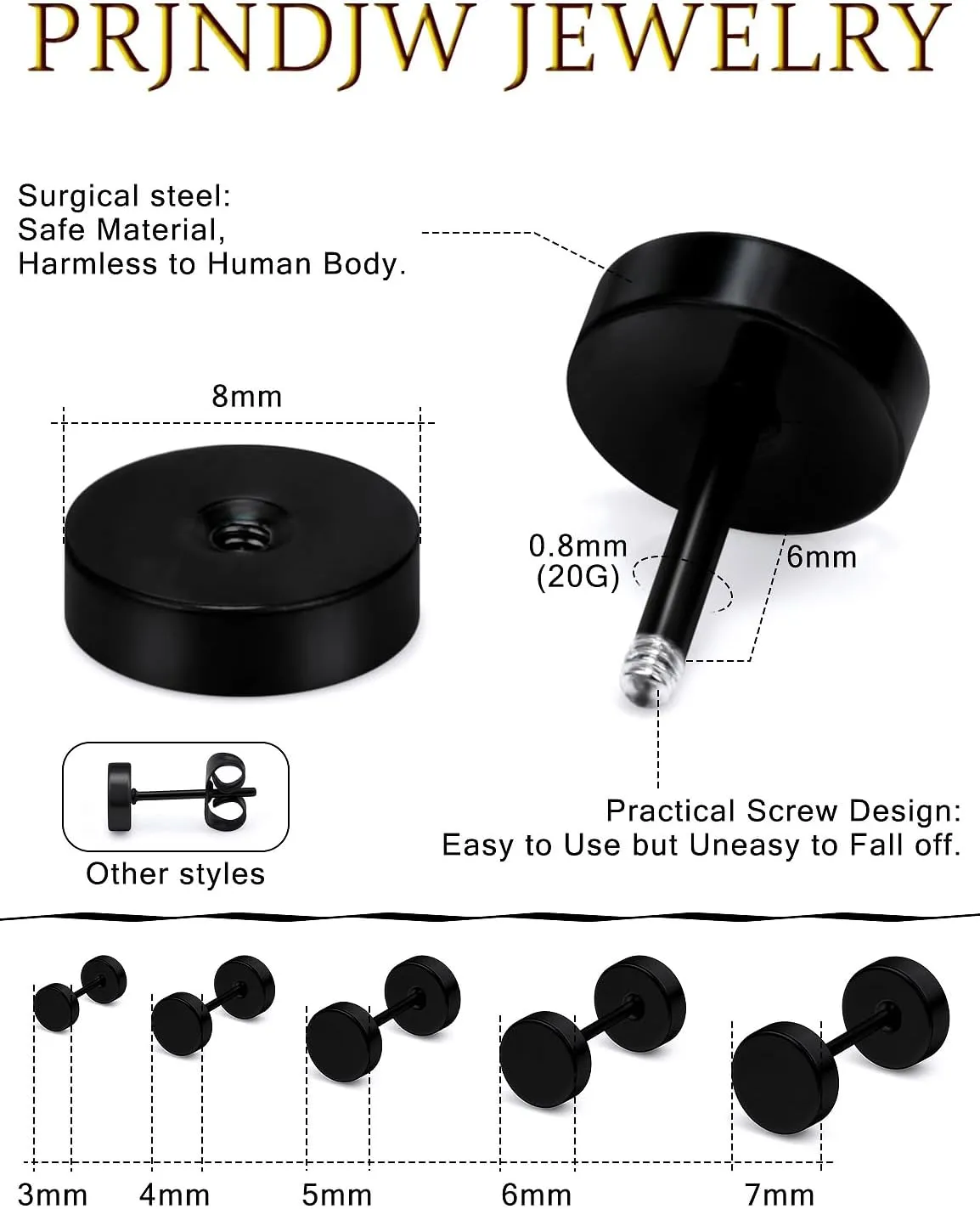 Prjndjw 12 Pairs 20G 18G Surgical Steel Flat Top Stud Earrings Set for Women Men Helix Tragus Barbell Stud Earrings Piercing Jewelry Mix Sizes 3-8mm