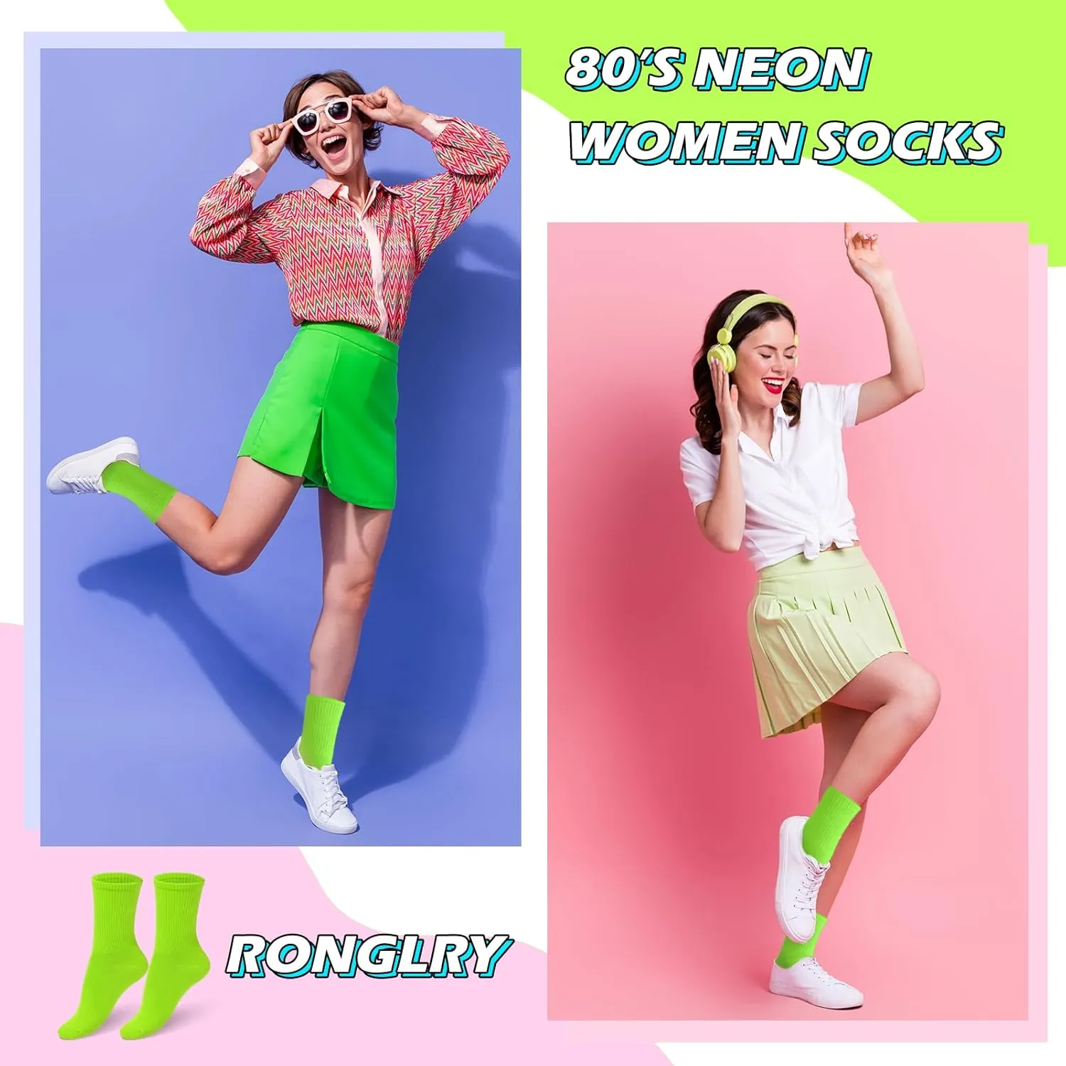Ronglry Neon Slouch Socks 80s 90s Neon Socks Women's Leg Warmers Extra Long Soft Scrunch Knee High Sock for Neon Outfits