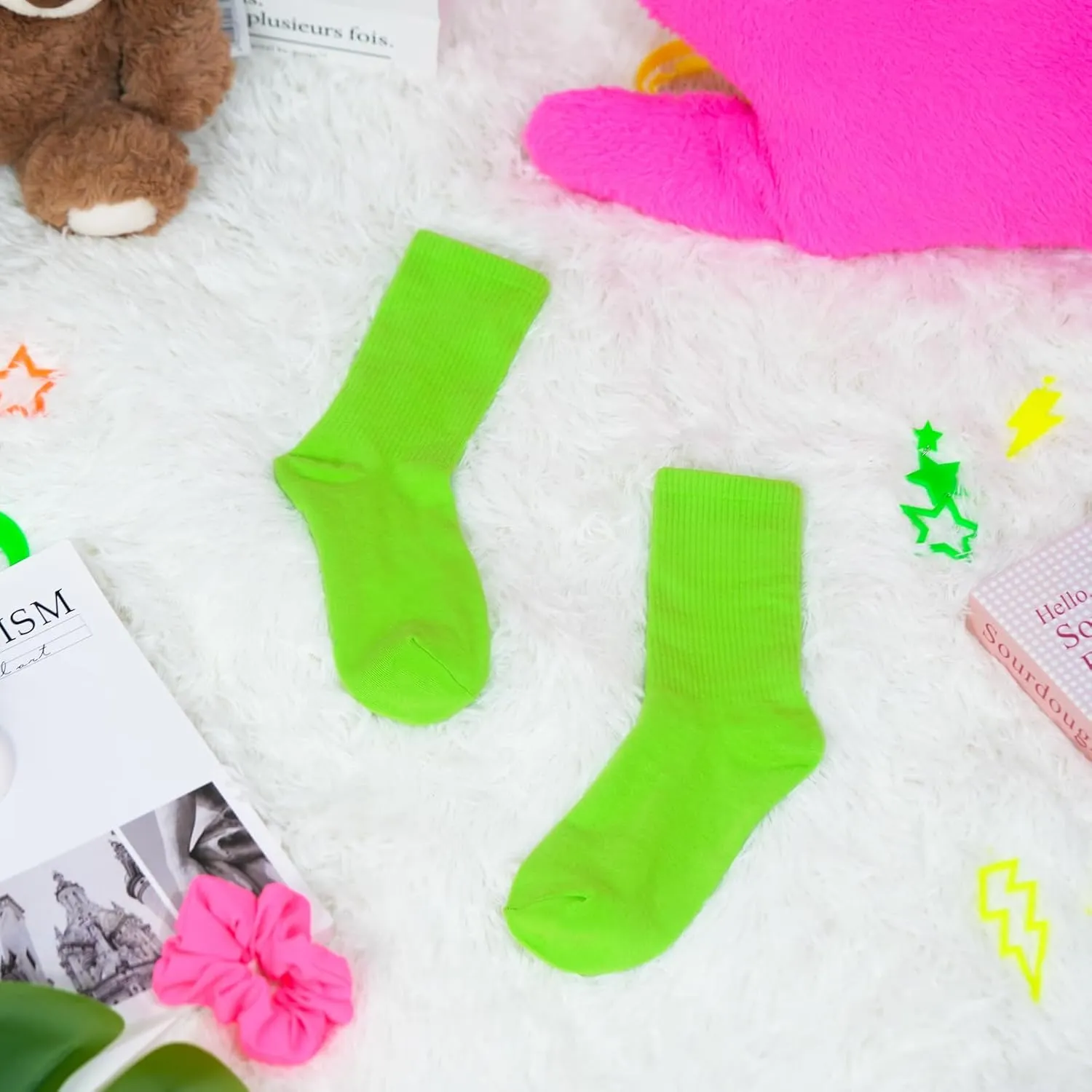 Ronglry Neon Slouch Socks 80s 90s Neon Socks Women's Leg Warmers Extra Long Soft Scrunch Knee High Sock for Neon Outfits