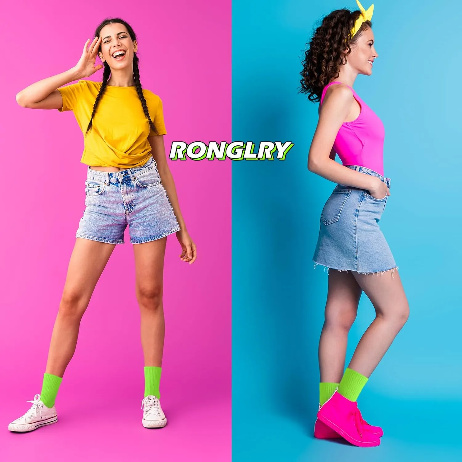 Ronglry Neon Slouch Socks 80s 90s Neon Socks Women's Leg Warmers Extra Long Soft Scrunch Knee High Sock for Neon Outfits