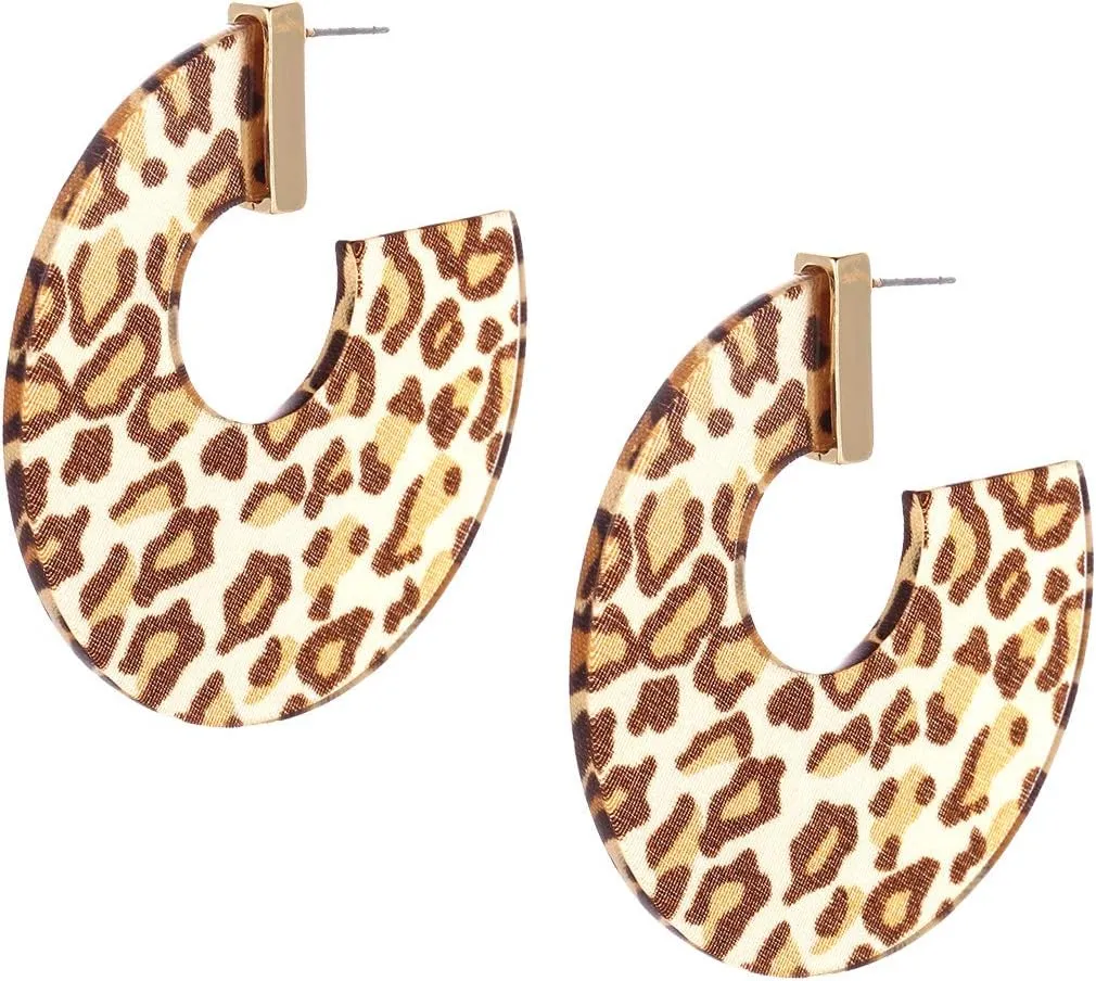 Rosemarie & Jubalee Women's Hypoallergenic Leopard Print Lucite Disc with Metal Detail Hoop Earrings 48mm