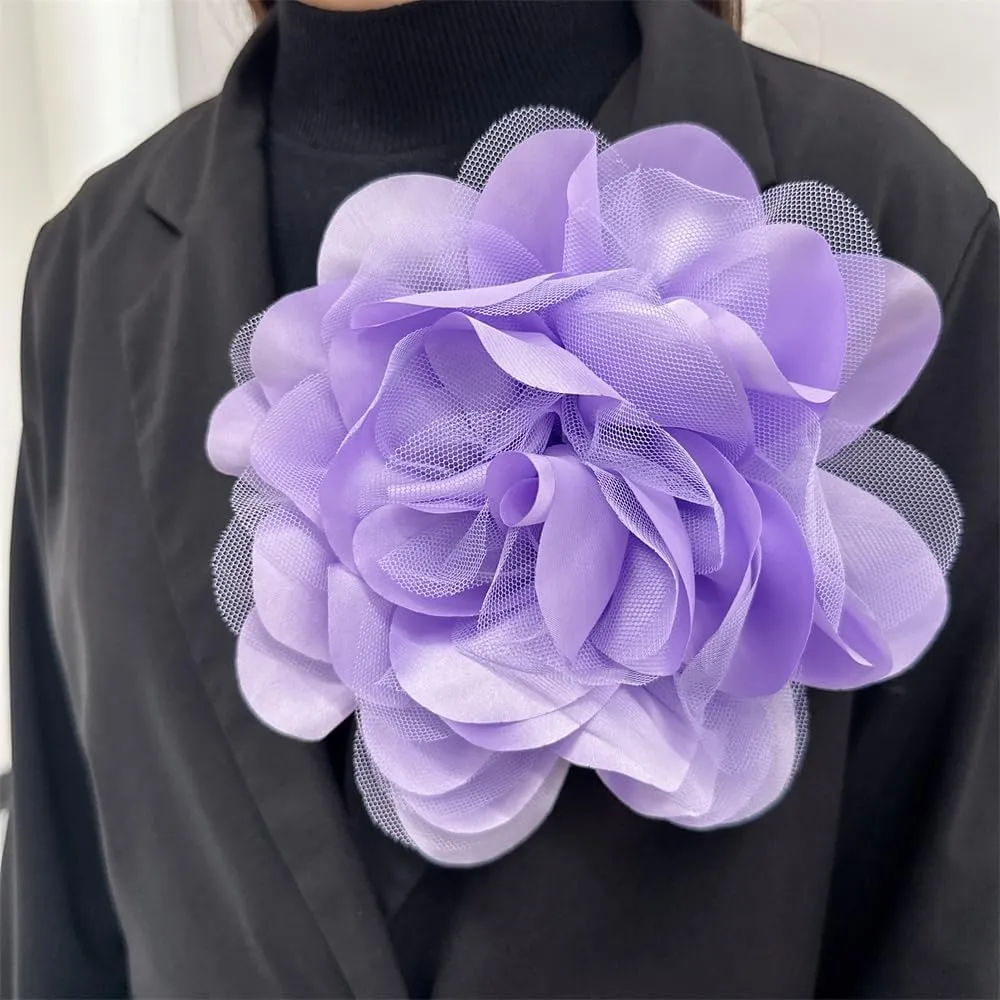 Satin Mesh Fabric Rose Flower Extra Large Big Brooches Lapel Pins Elegant Silk Camellia Oversized Pin for Women Wedding Party Banquet Dresses Suit Clothes Accessories 7.87in