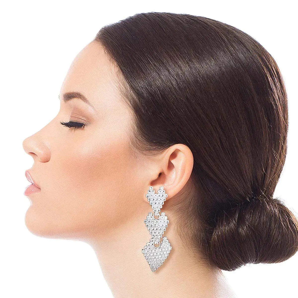 Triple Heart Statement Drop Earrings Silver Plated