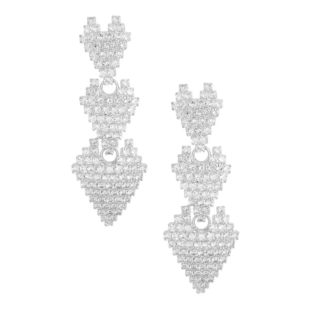 Triple Heart Statement Drop Earrings Silver Plated