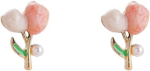 Tulip Pearl Stud Pink Flower Stud Cuff EarringsFashion Ear Hook Ear Cuff Jacket Front Back Earring for Woman Hypoallergenic Lightweight Earrings Christmas Jewelry