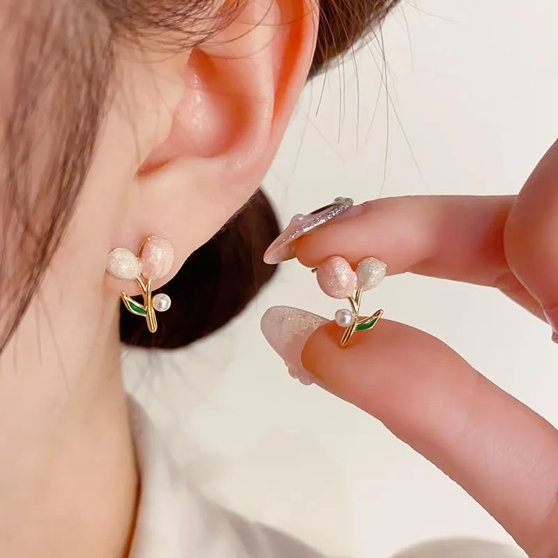 Tulip Pearl Stud Pink Flower Stud Cuff EarringsFashion Ear Hook Ear Cuff Jacket Front Back Earring for Woman Hypoallergenic Lightweight Earrings Christmas Jewelry