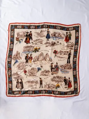 Vintage Cultural Print Floral Border White Silk Scarf