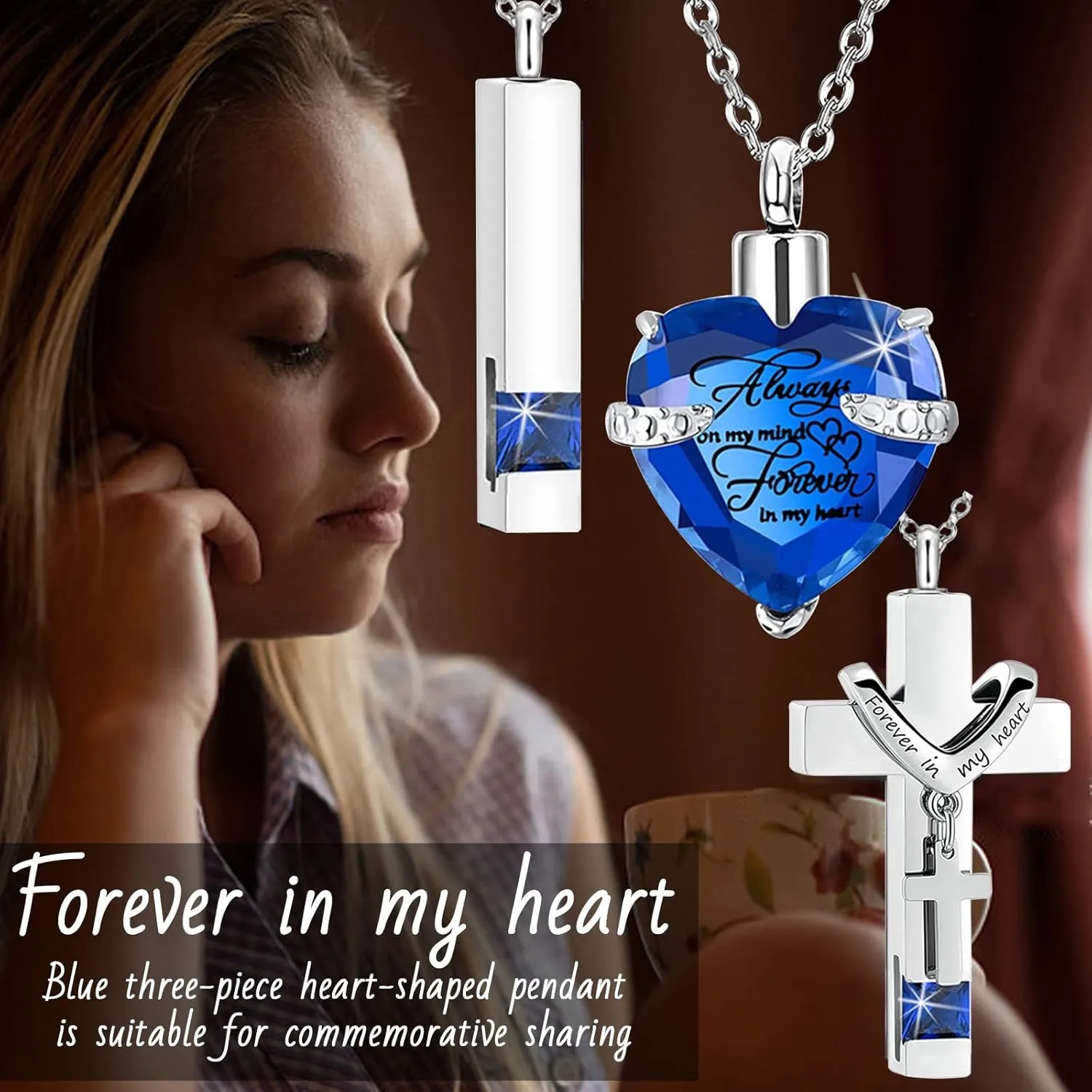 weikui 3 Pieces Heart Cross Cubic Urn Necklace for Ashes for Men Women Cremation Jewelry Crystal Memorial Locket Ashes Pendant Family Keepsake Sharing Jewelry Set