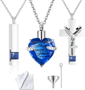 weikui 3 Pieces Heart Cross Cubic Urn Necklace for Ashes for Men Women Cremation Jewelry Crystal Memorial Locket Ashes Pendant Family Keepsake Sharing Jewelry Set