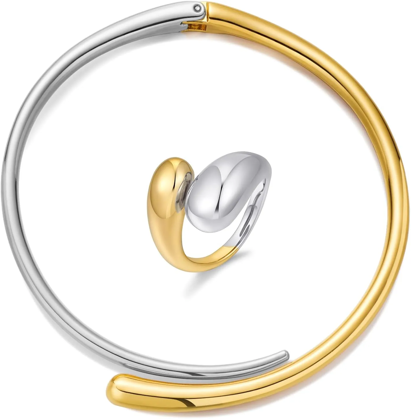 WOWORAMA Two Tone Chunky Rings and Choker Collar Necklace for Women Gold and Silver Teardrop Choker Necklace and Dome Band Rings Set